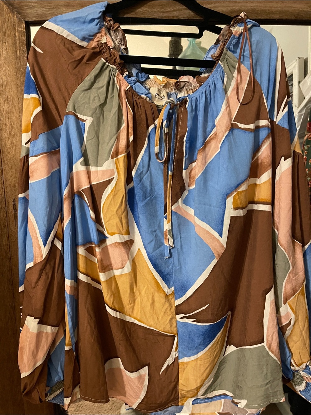 Perch by Blu Pepper Womens Blue & Brown Abstract Print Peasant Top-1X- NWOT